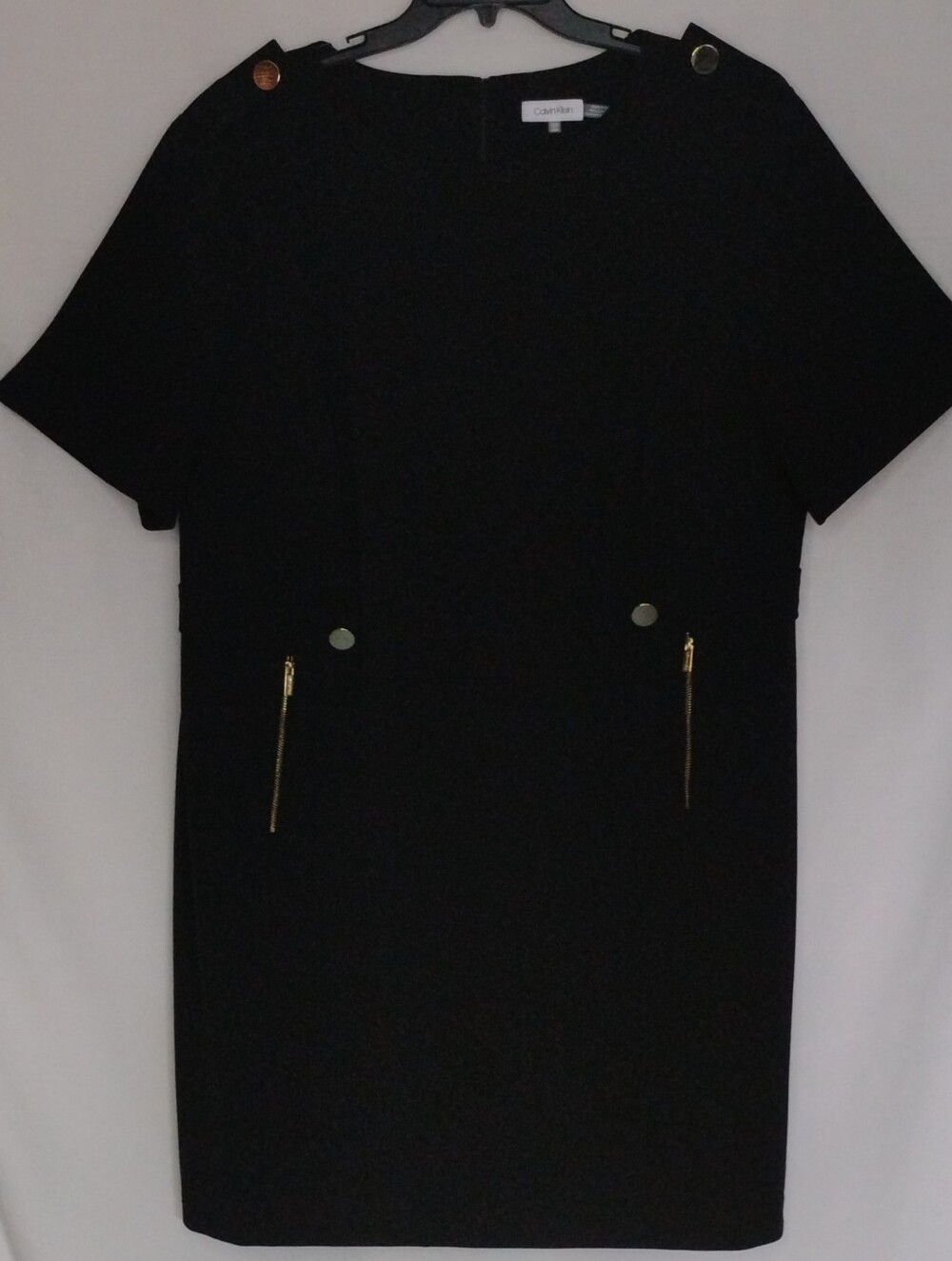 Calvin Klein Size 22W Black Short Sleeve Knee Length Shift Dress Gold Accents 2X